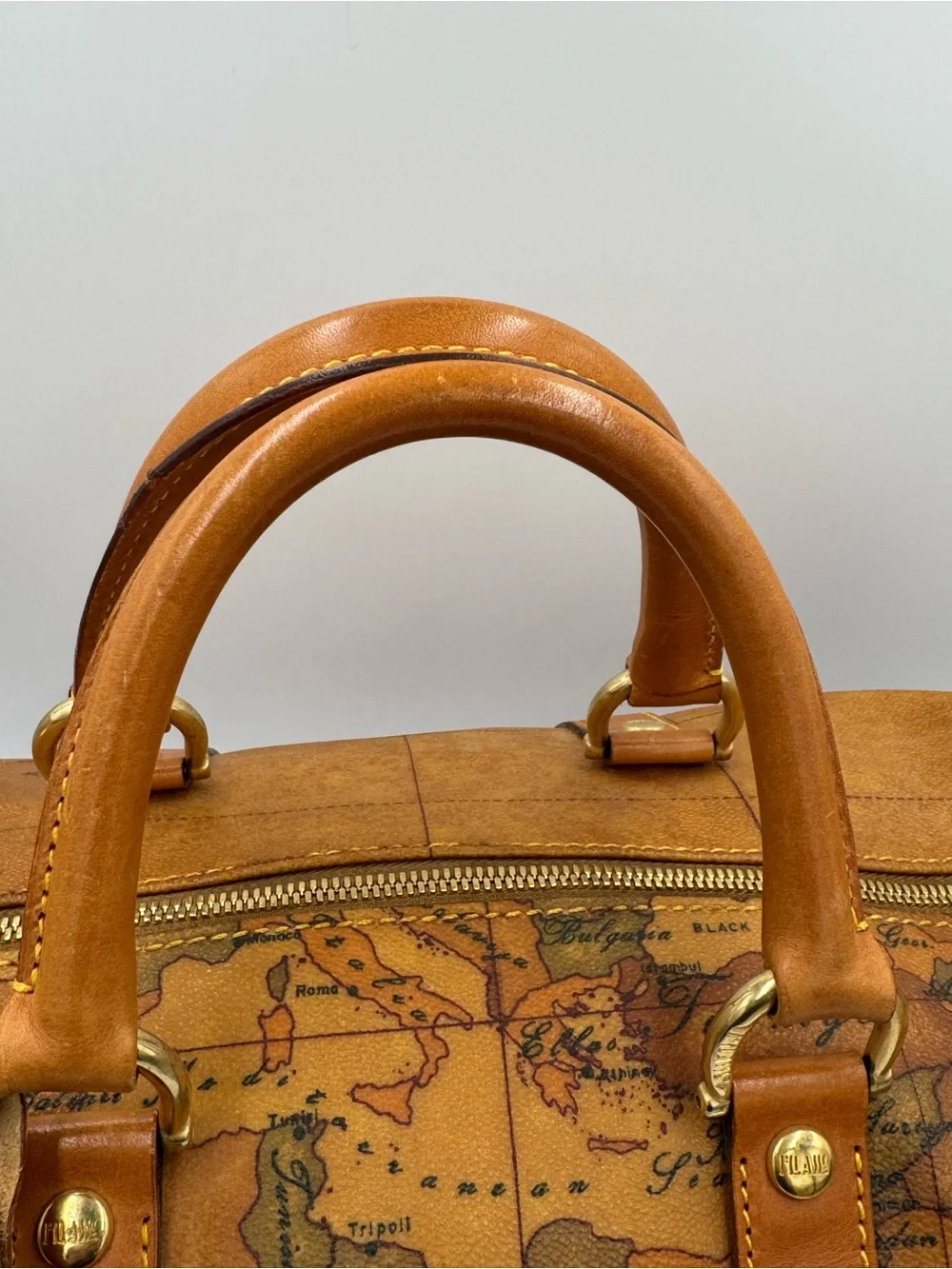 Alviero Martini Map-Print Leather Duffel Weekender w/ Luggage Tag & Lock 2 Keys